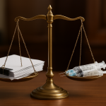 A balanced scale featuring a stack of documents on one side and syringes on the other, symbolizing the legal considerati