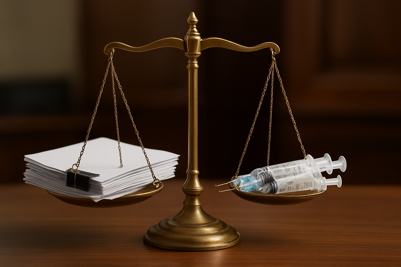 A balanced scale featuring a stack of documents on one side and syringes on the other, symbolizing the legal considerati