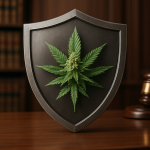 A shield displaying a cannabis leaf, symbolizing legal protection, in a law setting with a gavel in the background.