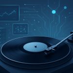A turntable with a record in front of a blue digital background featuring charts and circuit-like designs.