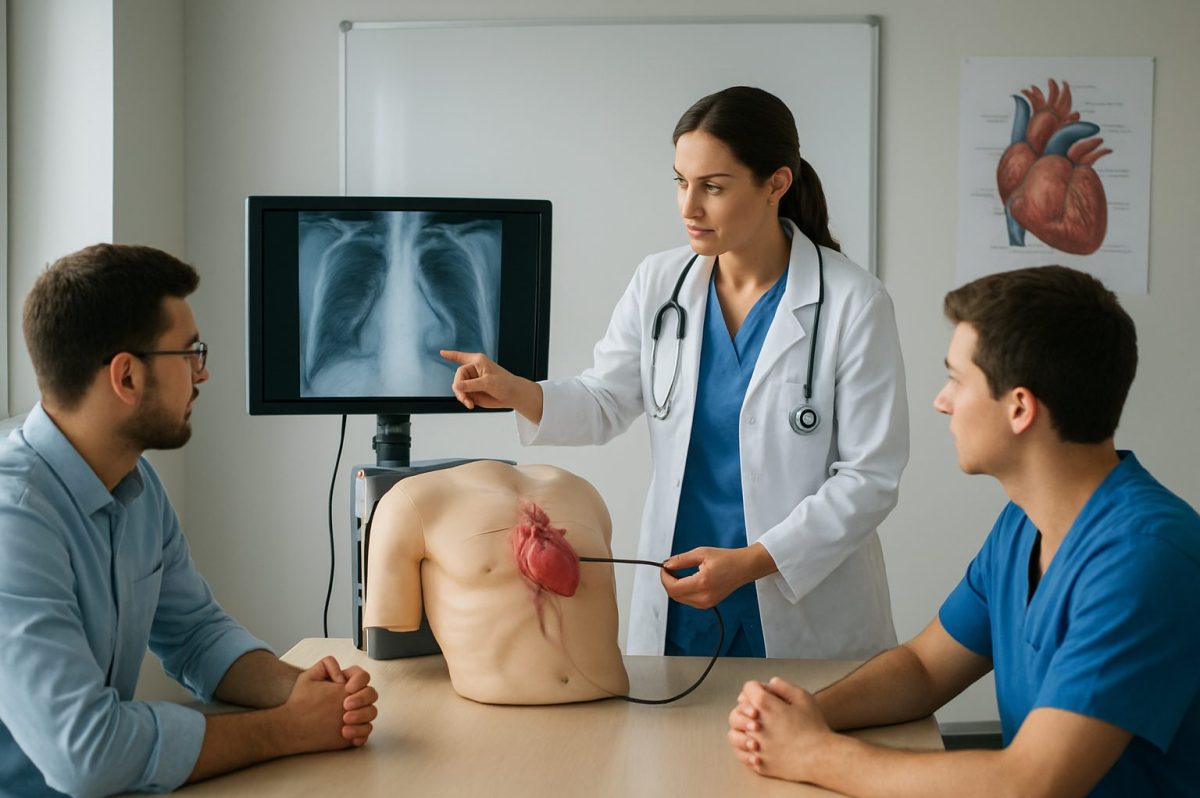 A medical professional using a model of a heart to explain advanced heart disease treatment to two students.