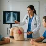 A medical professional using a model of a heart to explain advanced heart disease treatment to two students.