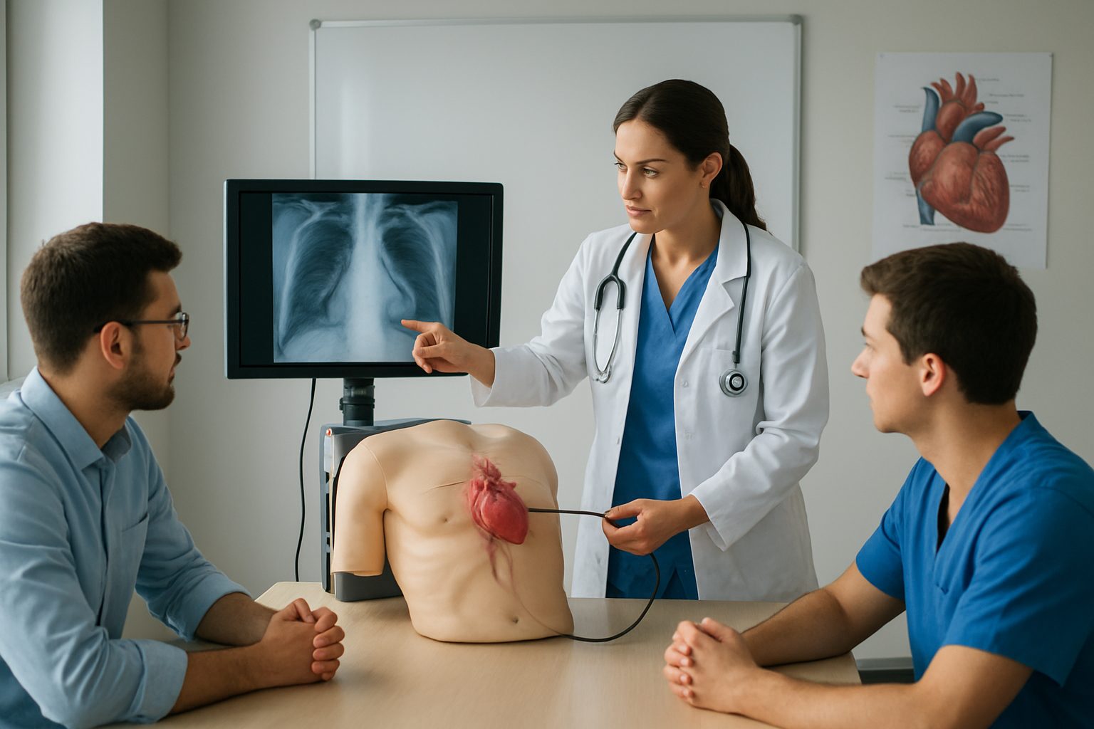 A medical professional using a model of a heart to explain advanced heart disease treatment to two students.