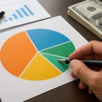 A hand holding a pen over a colorful pie chart, with dollar bills visible and a graph in the background