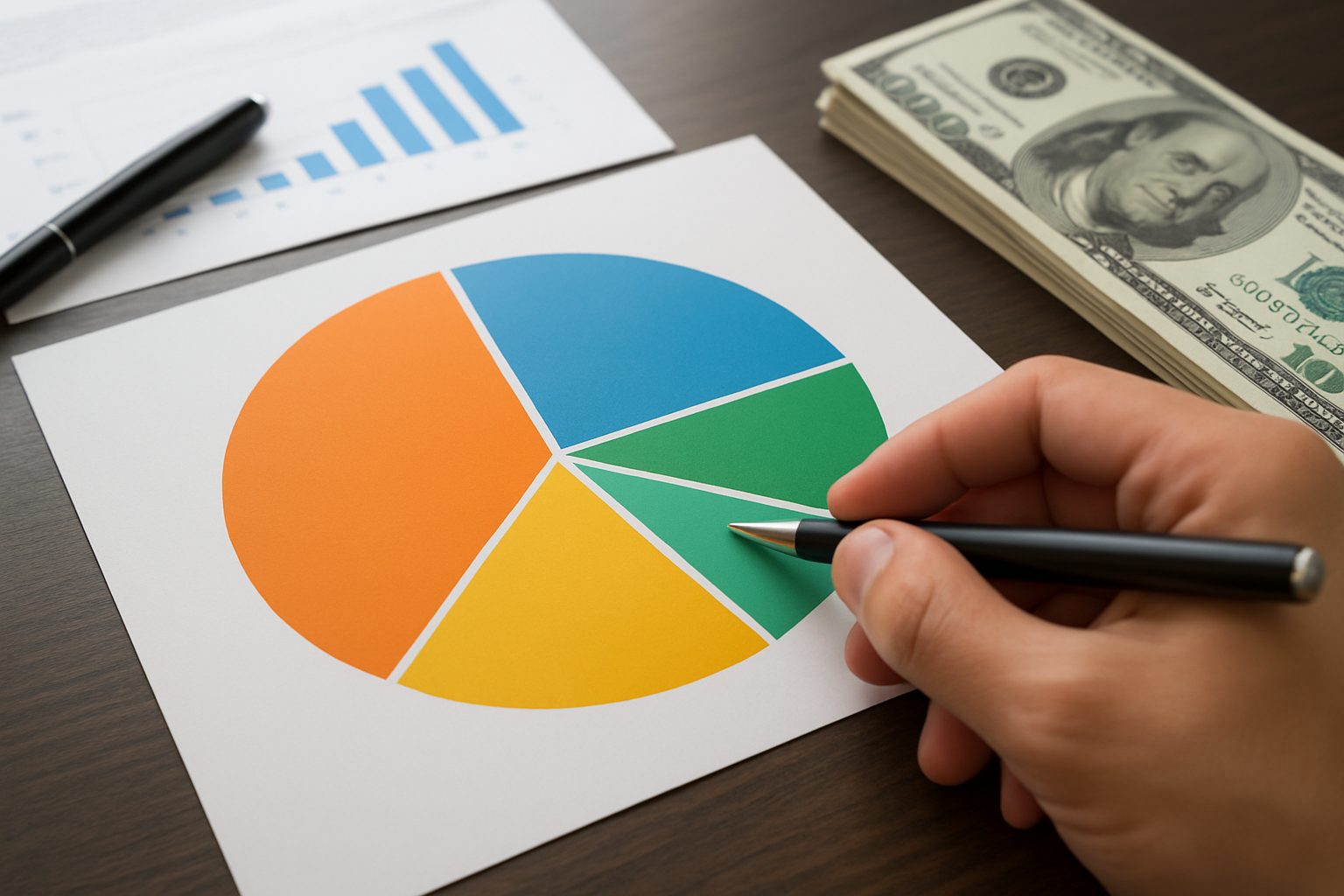 A hand holding a pen over a colorful pie chart, with dollar bills visible and a graph in the background