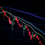 Close-up of a stock market candlestick chart showing fluctuating prices